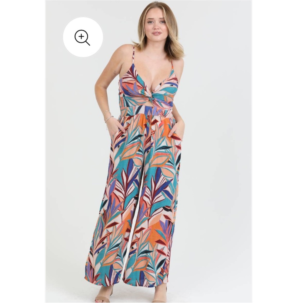 V neck twist front wide leg jumpsuit